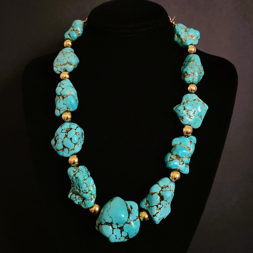 VINTAGE Kenneth Jay Lane Turquoise Nugget Statement Necklace Signed 17"-21" - Picture 1 of 8
